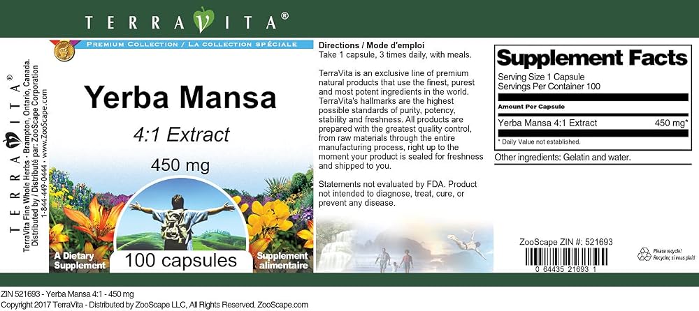Terravita Yerba Mansa 4:1-450 mg (100 Capsules, ZIN: 521693) - image 3