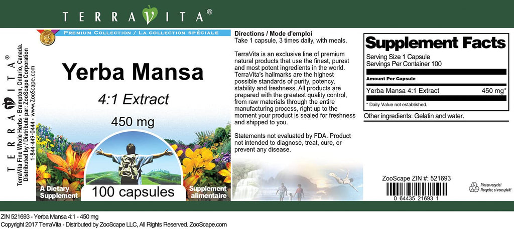 Terravita Yerba Mansa 4:1-450 mg (100 Capsules, ZIN: 521693)