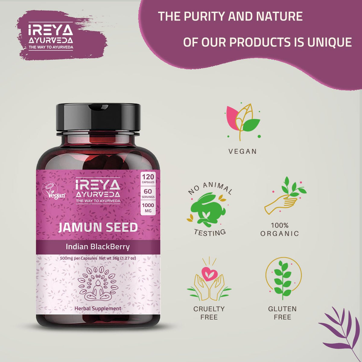 Ireya Ayurveda Jamun Seed Capsules 1000 mg - 90 Capsules - image 4
