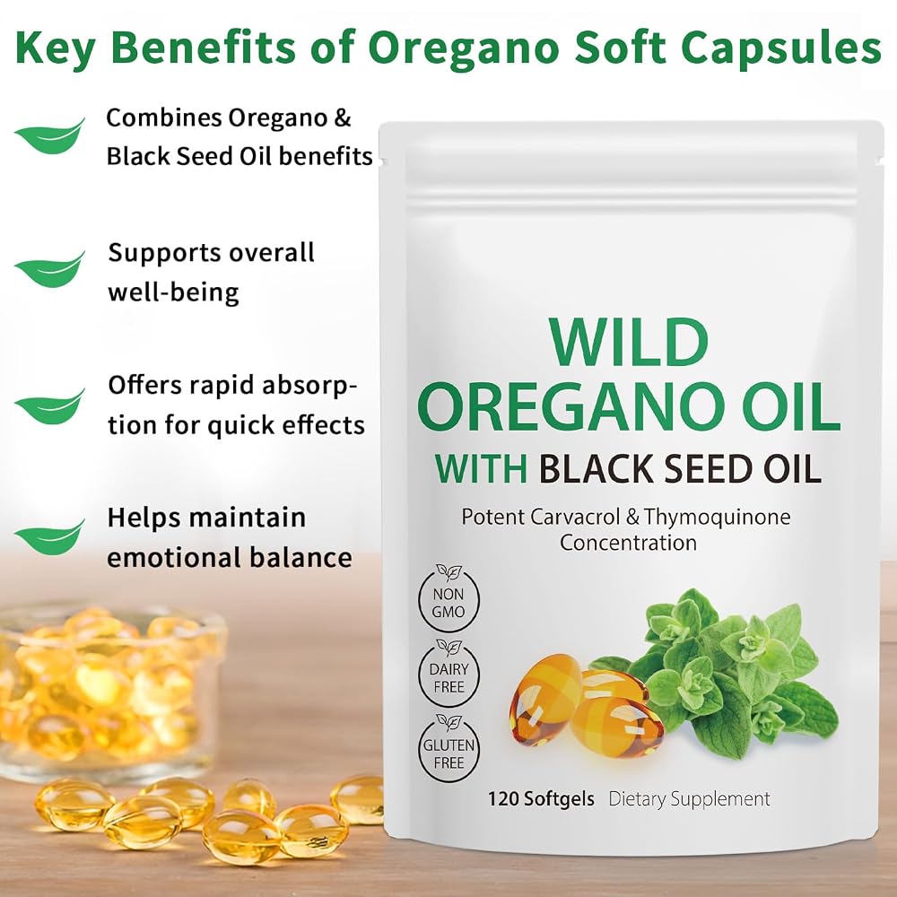 Nyloriaine 120PCS Oil of Oregano with Black Seed Oil Boosts Immune