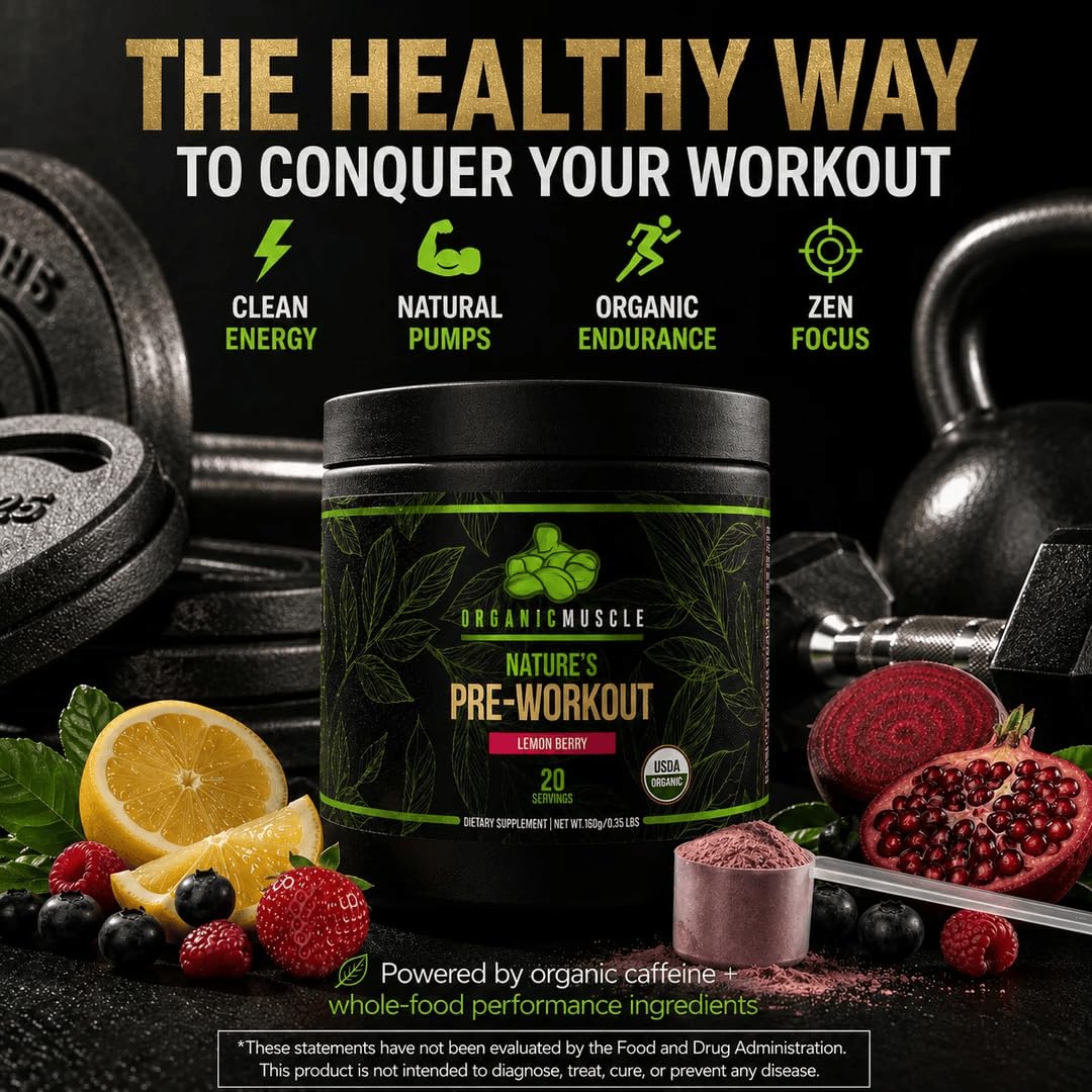 Organic Muscle Pre Workout Powder Lemon Berry - 20 Servings - image 3