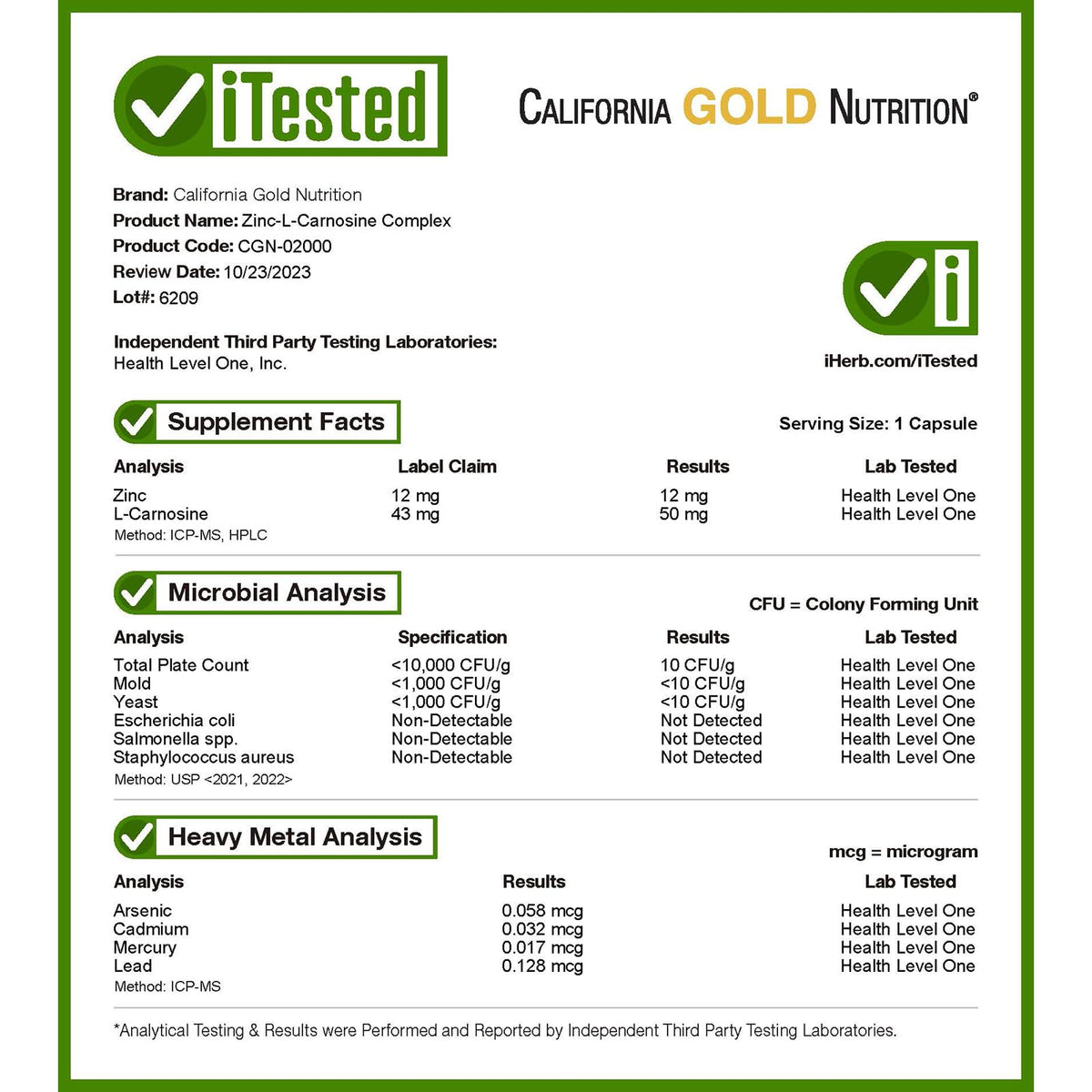 California Gold Nutrition Zinc-L-Carnosine Complex - 90 Vegetarian Capsules - image 6