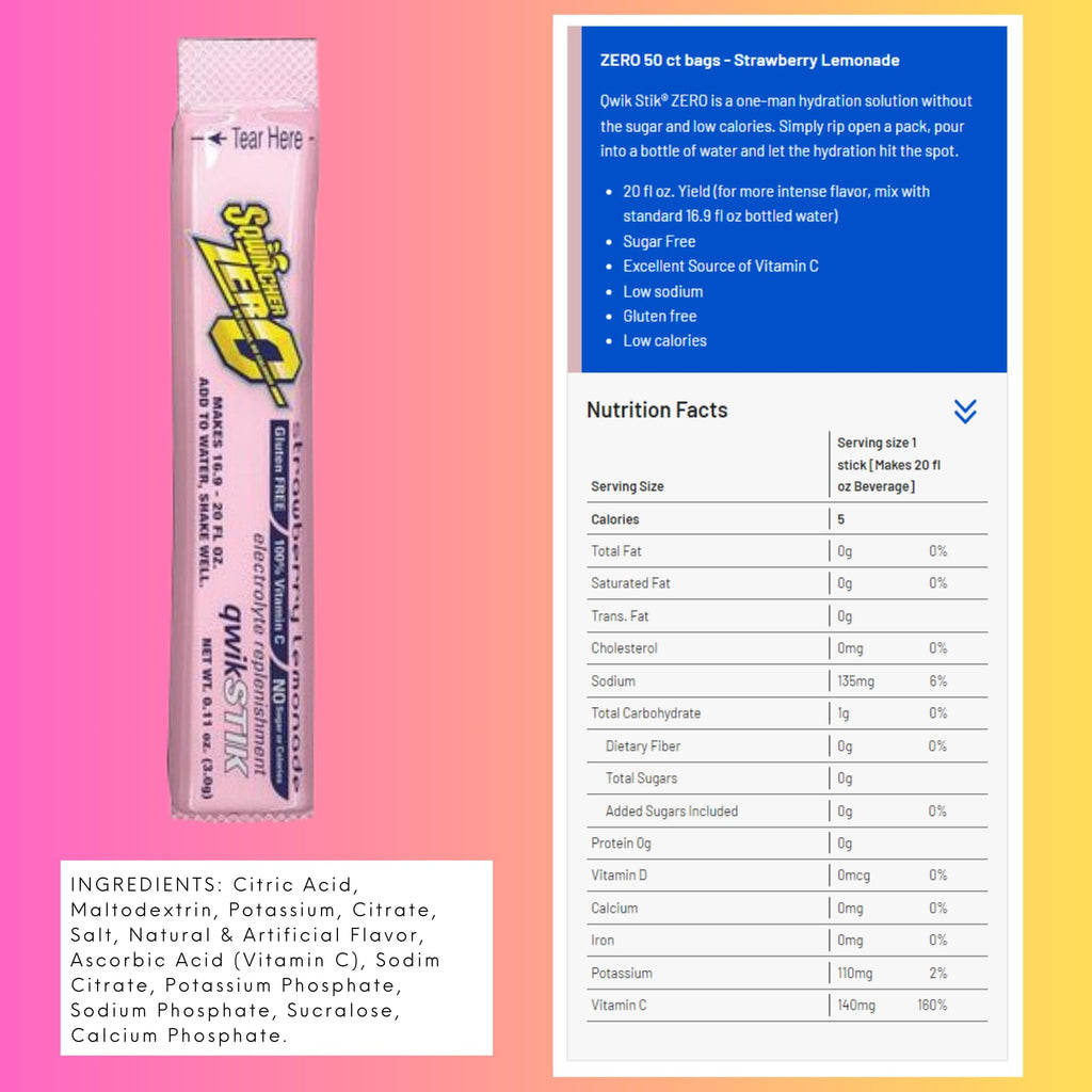 Sqwincher Zero Single Serve Qwik Stik Zero, 50 Sticks/Bag