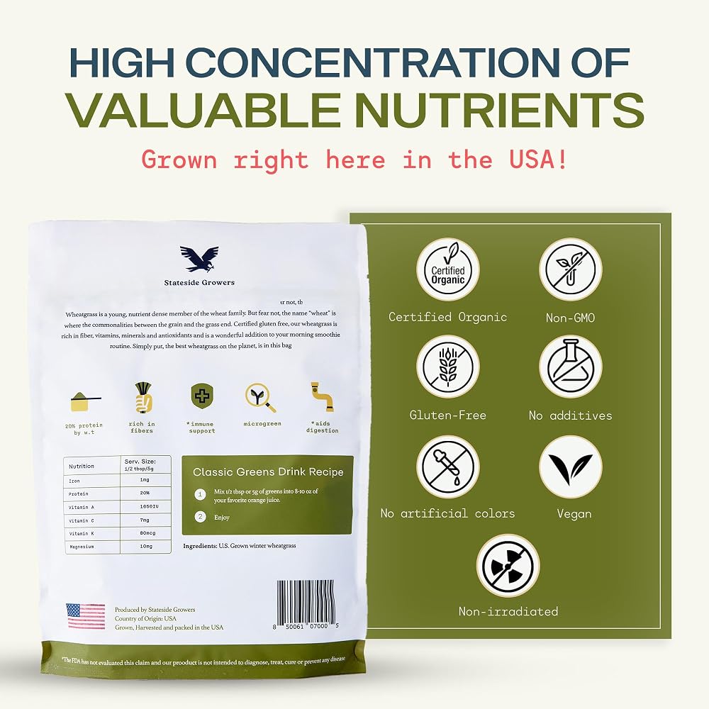 Stateside Growers Organic Wheatgrass Powder - 100% Whole-Leaf Powder