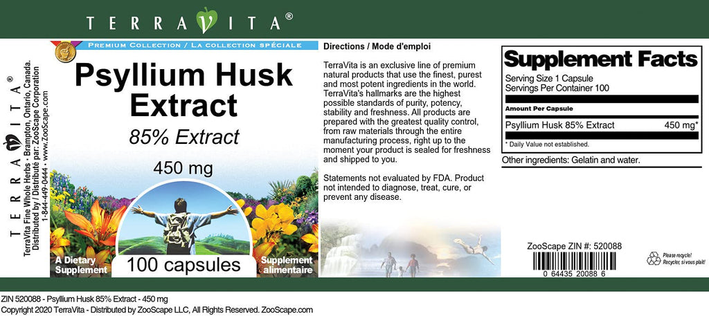 Terravita Psyllium Husk 85% Extract 450 mg - 300 Capsules - image 2