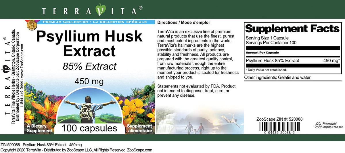 Terravita Psyllium Husk 85% Extract 450 mg - 300 Capsules - image 2