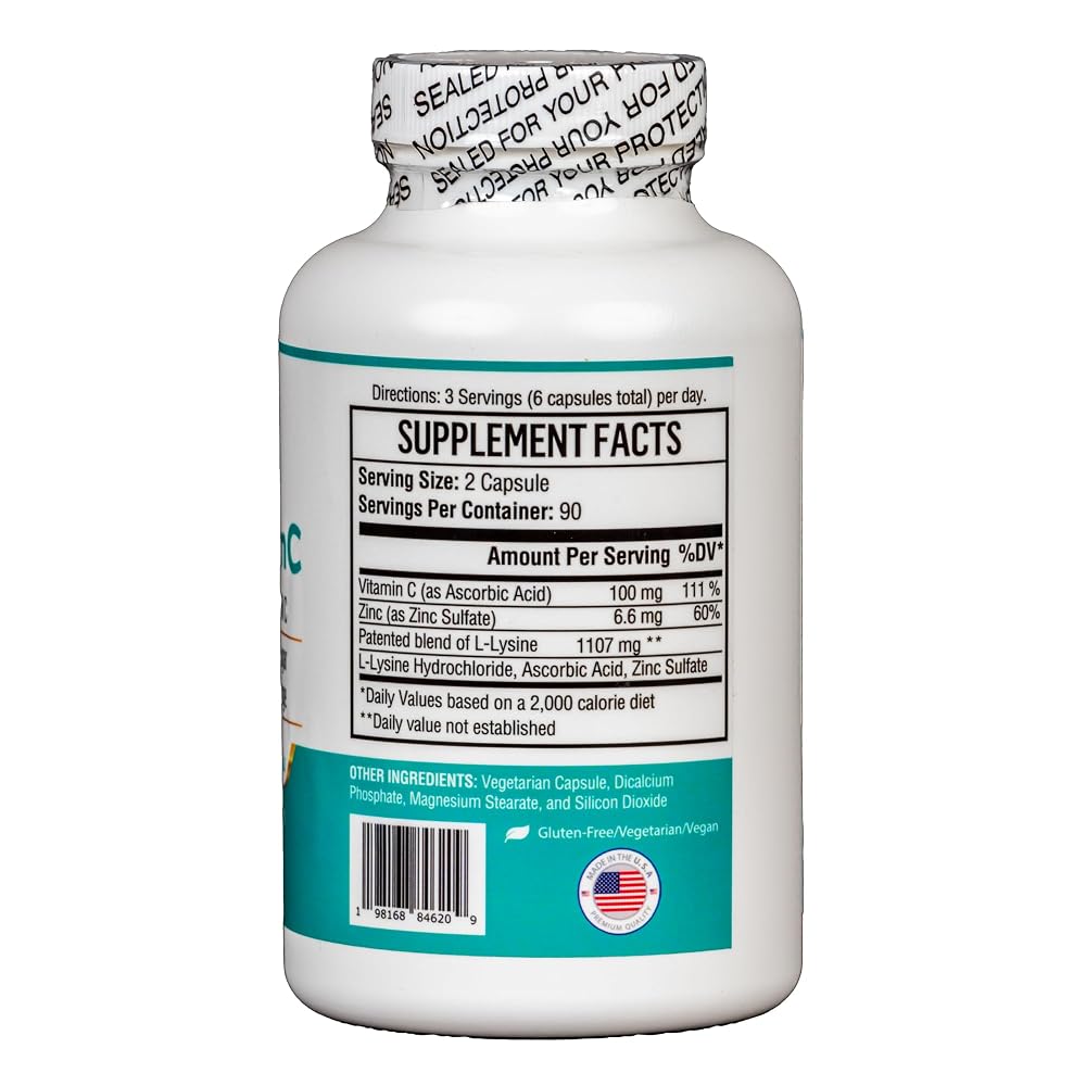 Del Mar Health Max-LyZinC L-Lysine 1100mg Zinc Vitamin C - 180 Capsules - image 7
