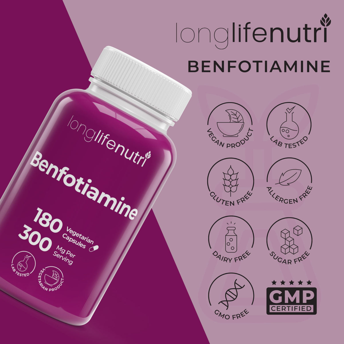 LongLifeNutri Benfotiamine 300mg Vitamin B1 - 180 Vegetarian Capsules - image 7