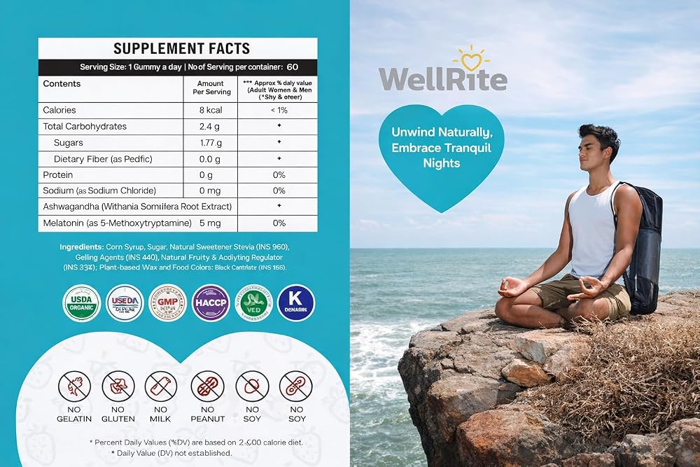 Wellrite Relax Gummy Vitamins with Ashwagandha & Melatonin - 60 Gummies - image 5