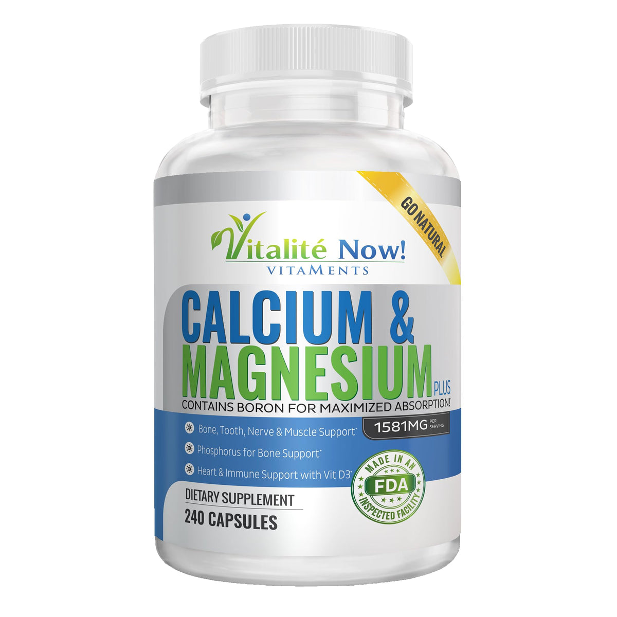 Vitalité Now! Calcium Magnesium Supplement 1000mg with Vitamin D - 240 Capsules