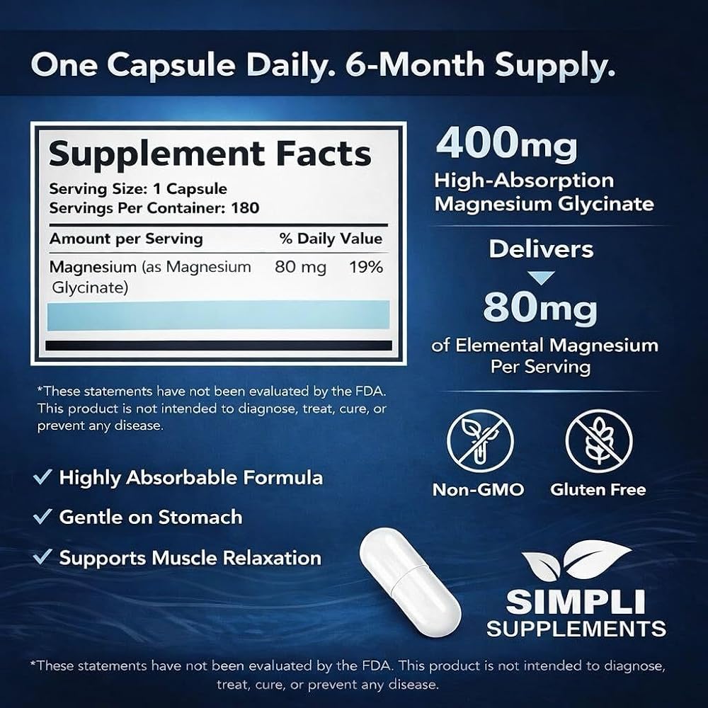 Simpli Supplements Magnesium Glycinate 400mg per Serving