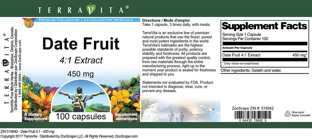 Terravita Date Fruit 4:1 Extract 450 mg - 100 Capsules - image 3