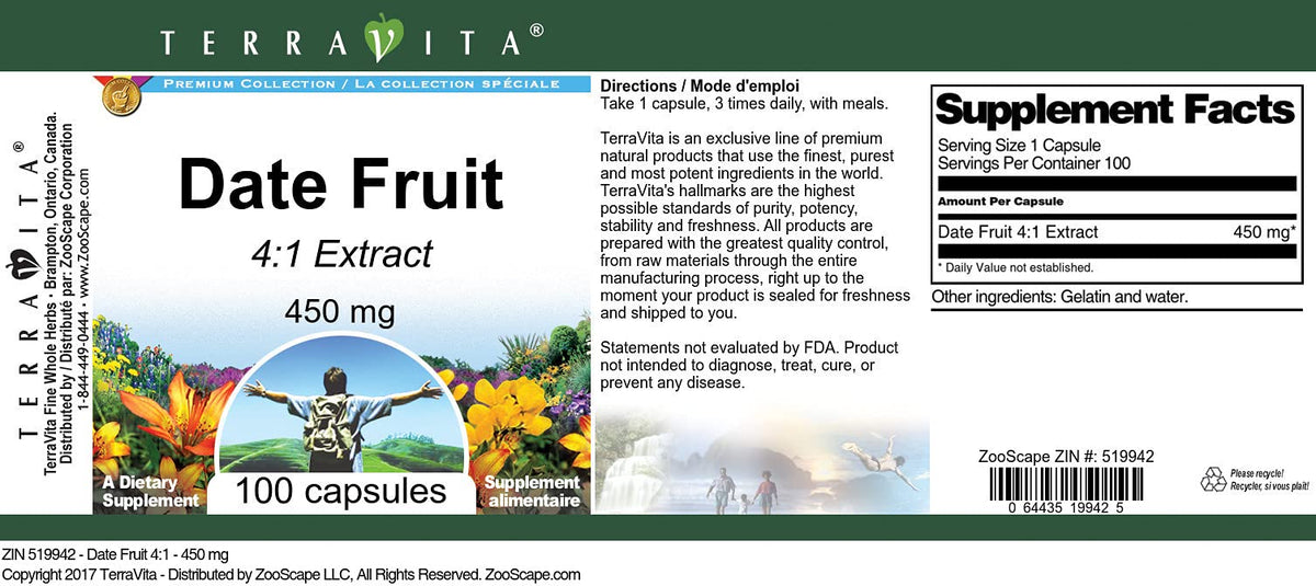 Terravita Date Fruit 4:1 Extract 450 mg - 100 Capsules - image 3