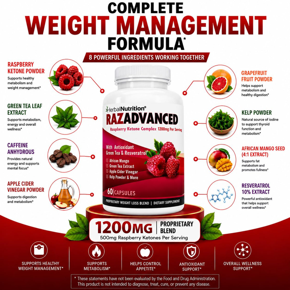 Herbal Nutrition Raspberry Ketones Complex Weight Management - 120 Capsules - image 3