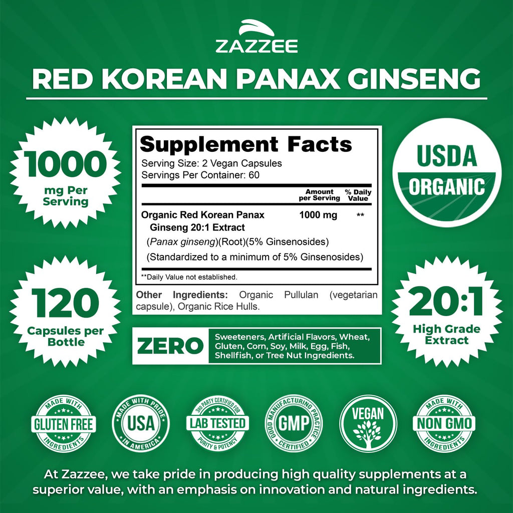 Zazzee USDA Organic Red Korean Panax Ginseng 20:1 Extract - 120 Capsules - image 3