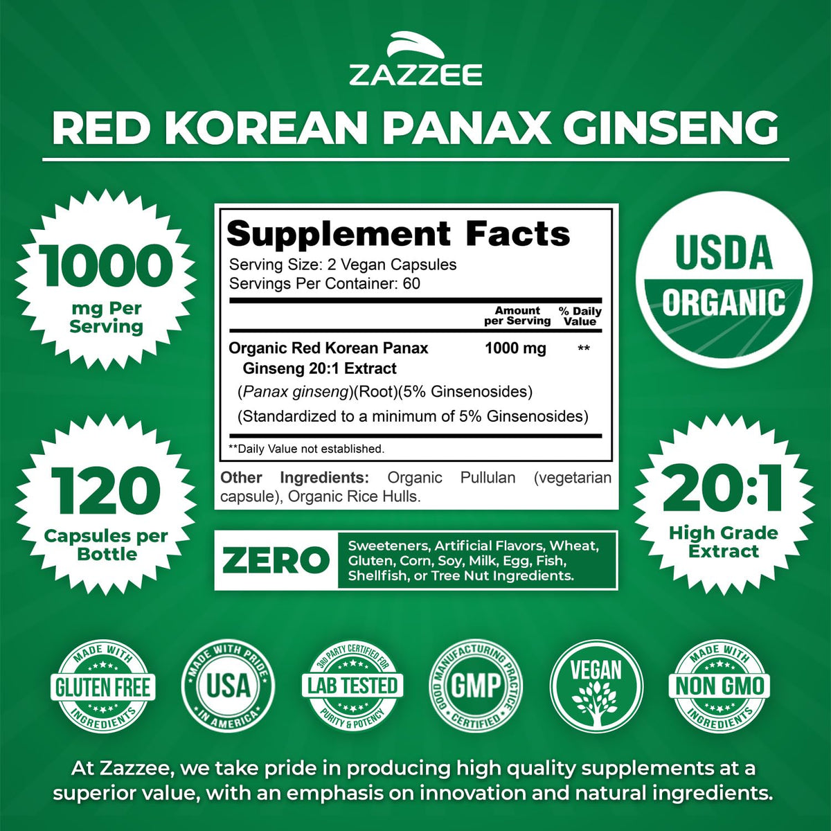 Zazzee USDA Organic Red Korean Panax Ginseng 20:1 Extract - 120 Capsules - image 3