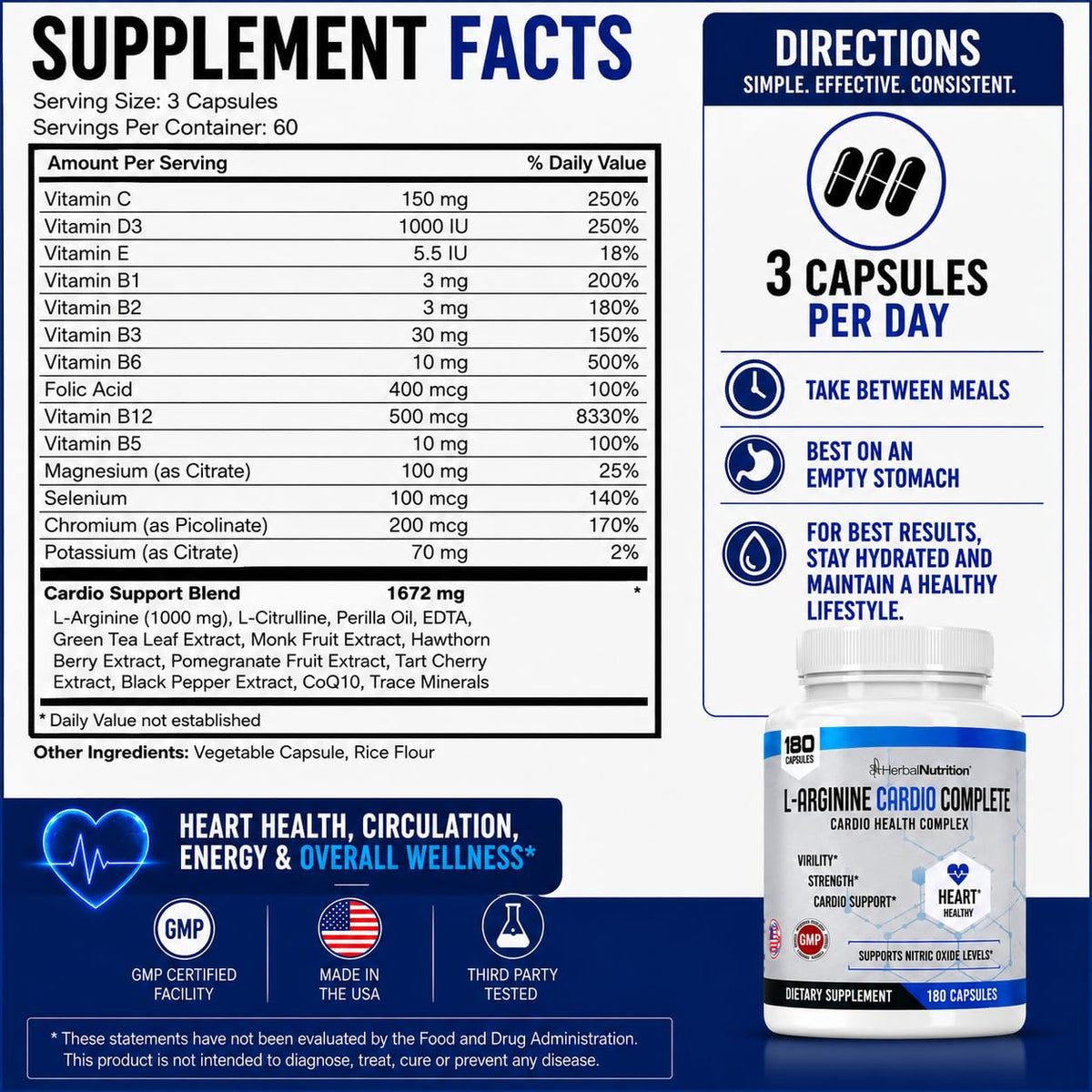 Herbal Nutrition L-Arginine Cardio Complete Nitric Oxide Support - 180 Capsules - image 6