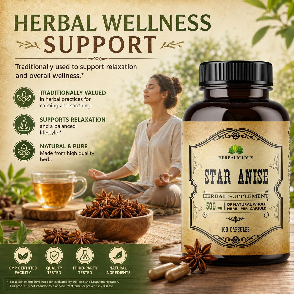 HERBALICIOUS Star Anise Supplement Organic 1000mg - 100 Capsules - image 2