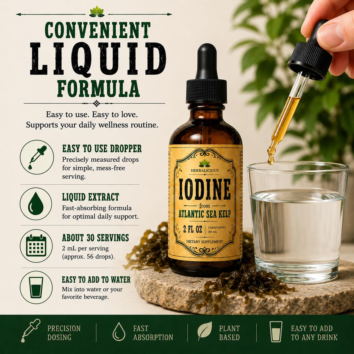 HERBALICIOUS Iodine Drops Natural Sea Kelp Thyroid Support - 2 fl oz - image 2