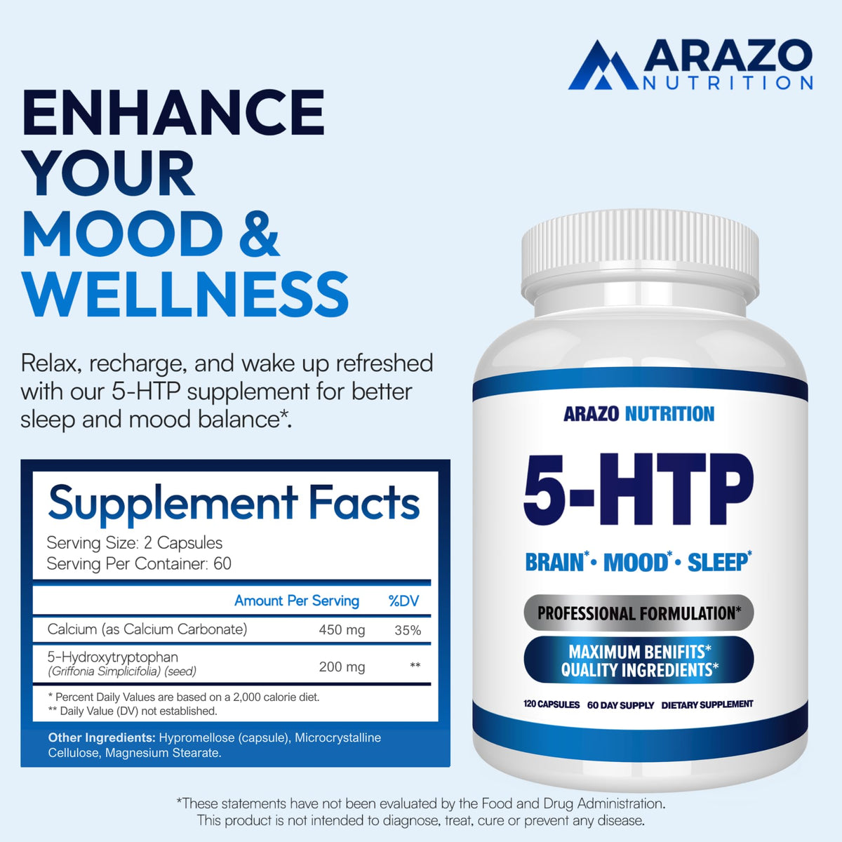 Arazo Nutrition 5-HTP 200 mg Plus Calcium for Mood & Sleep - 120 Capsules - image 2