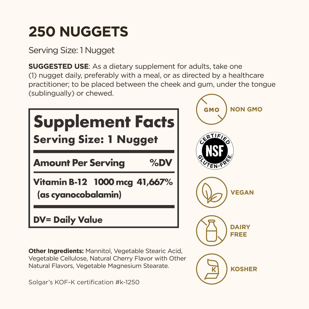Solgar Vitamin B12 1000 mcg, 250 Nuggets
