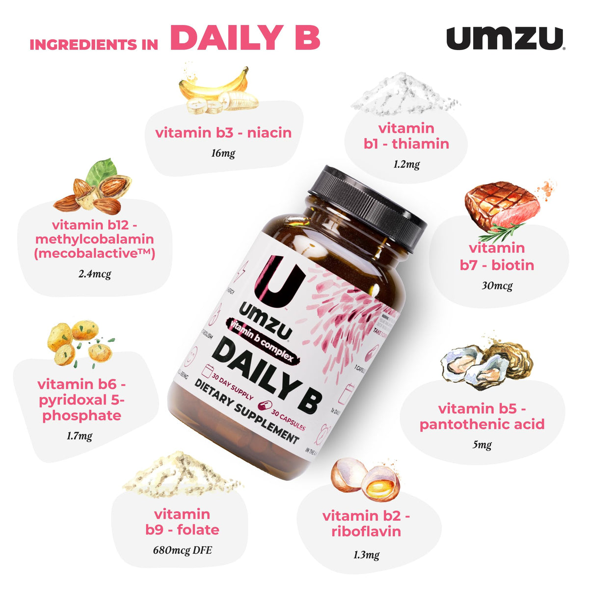 UMZU Daily B Vitamin B Complex for Energy - 30 Capsules - image 3