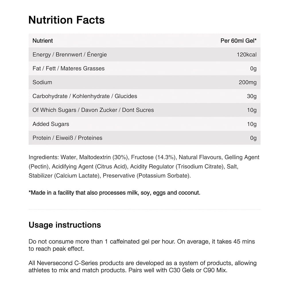 NeverSecond C30+ Energy Gel + Caffeine, Nutrition