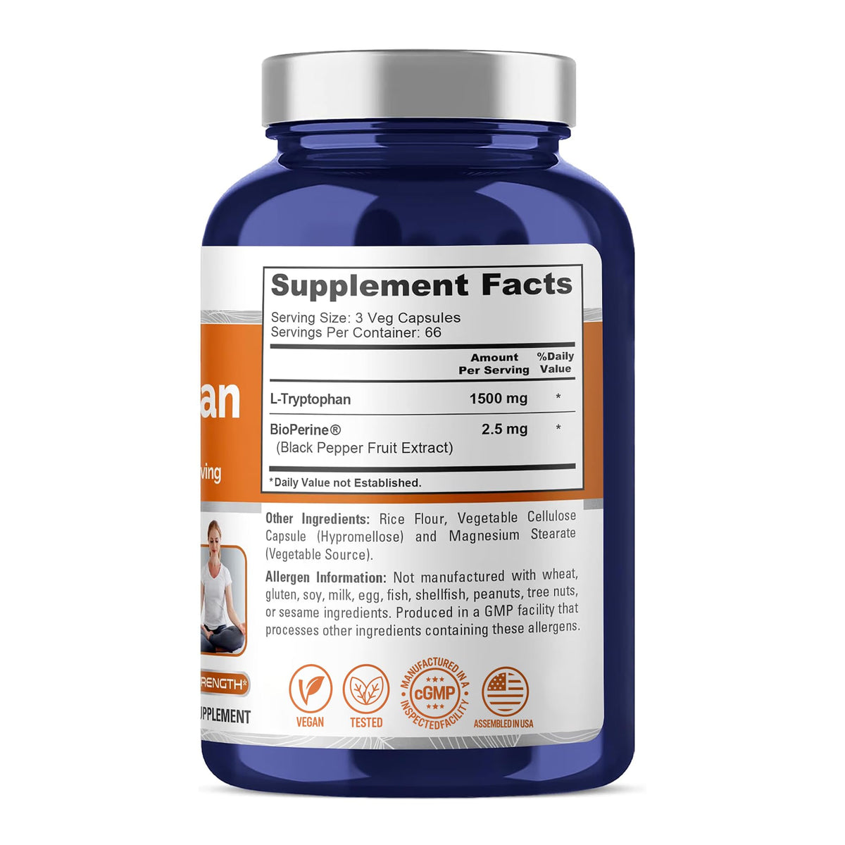 NusaPure L-Tryptophan 1500mg Vegan - 200 Vegetarian Capsules - image 2