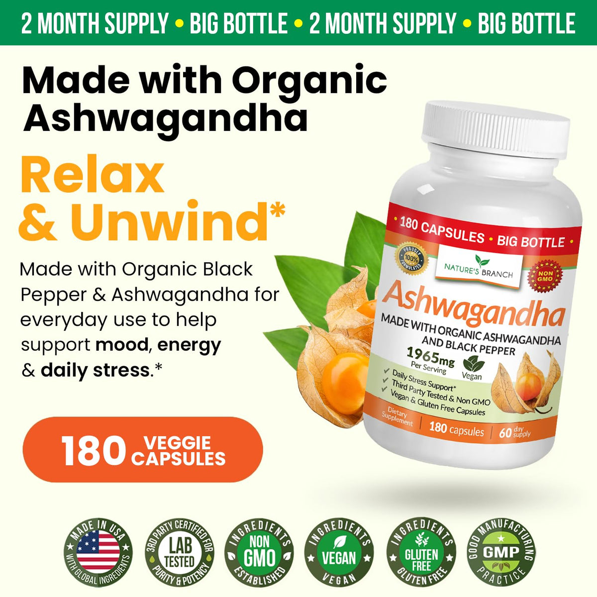 Nature's Branch Organic Ashwagandha with Black Pepper - 180 Capsules - image 5