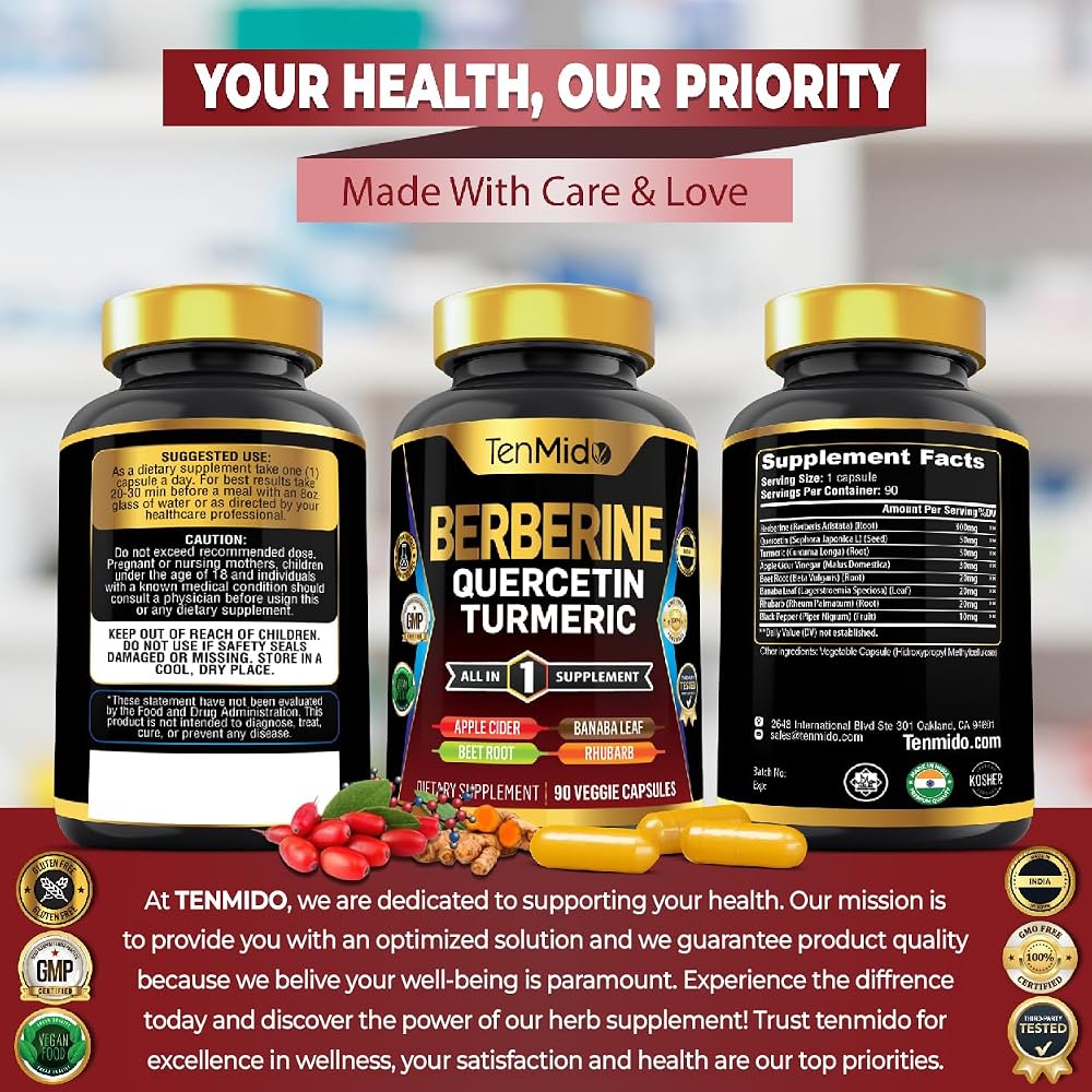Tenmido Berberine Supplement 8-in-1 Formula - 90 Capsules - image 7