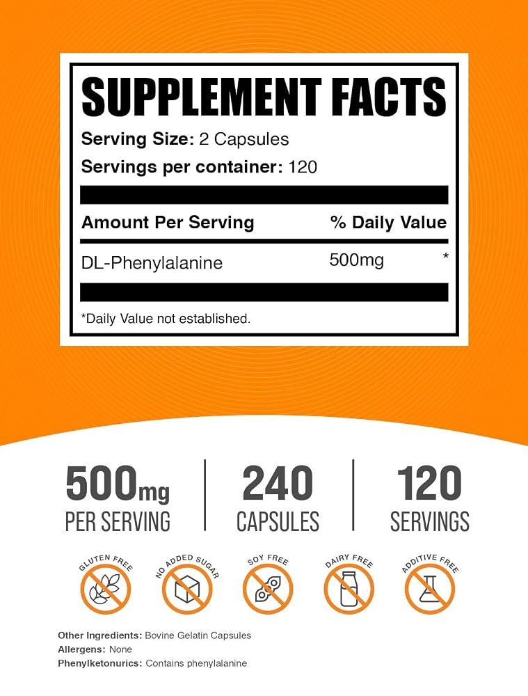 BulkSupplements DL-Phenylalanine Capsules - 500mg - 240 Capsules - image 2