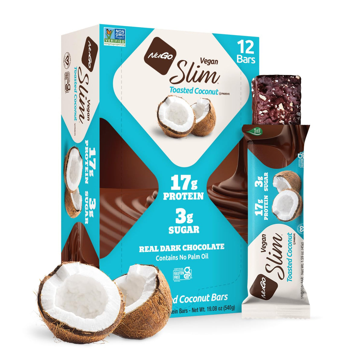 NuGo Slim Toasted Coconut Vegan Protein Bar 16g - 12 Count