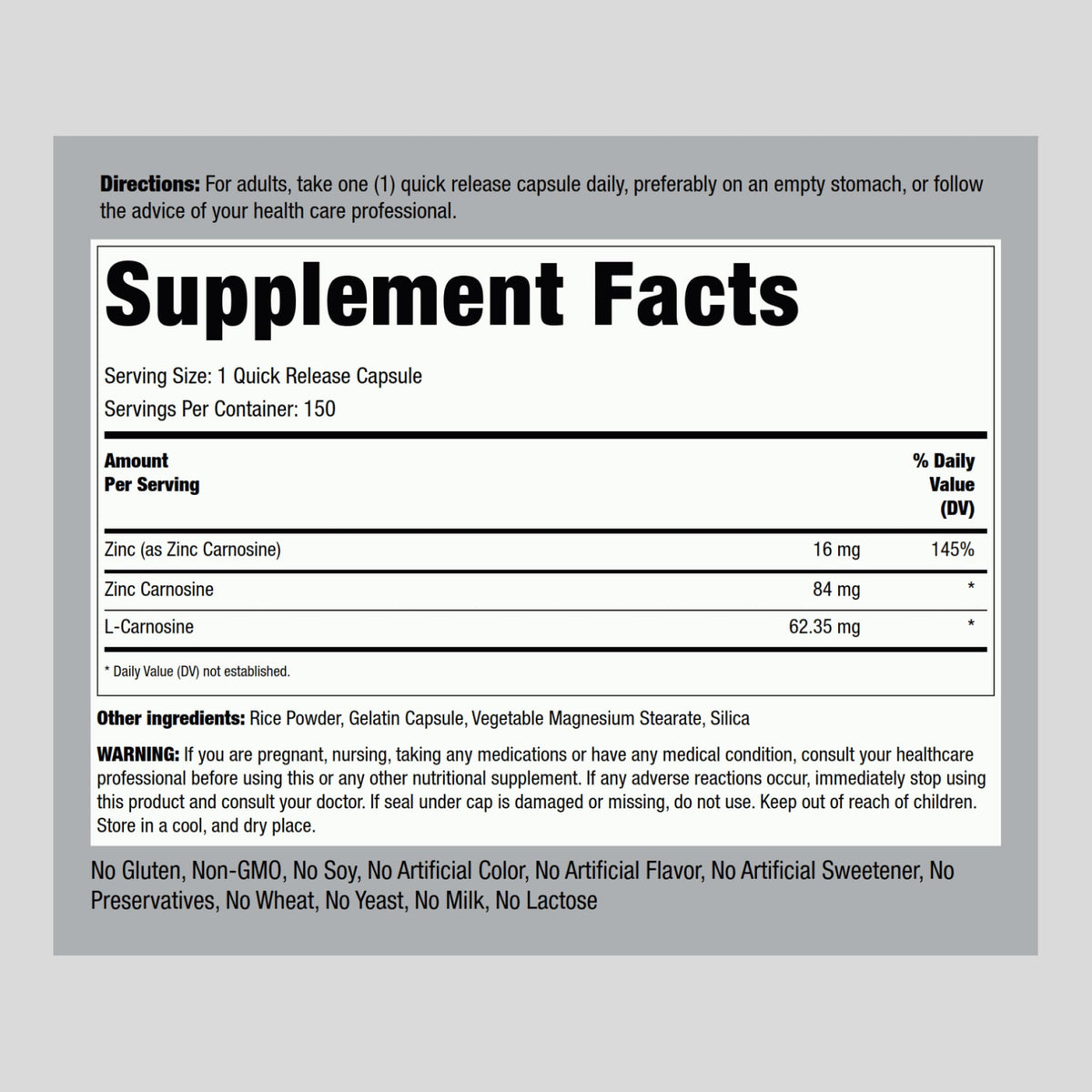 Piping Rock Zinc Carnosine 84mg - 150 Capsules - image 2