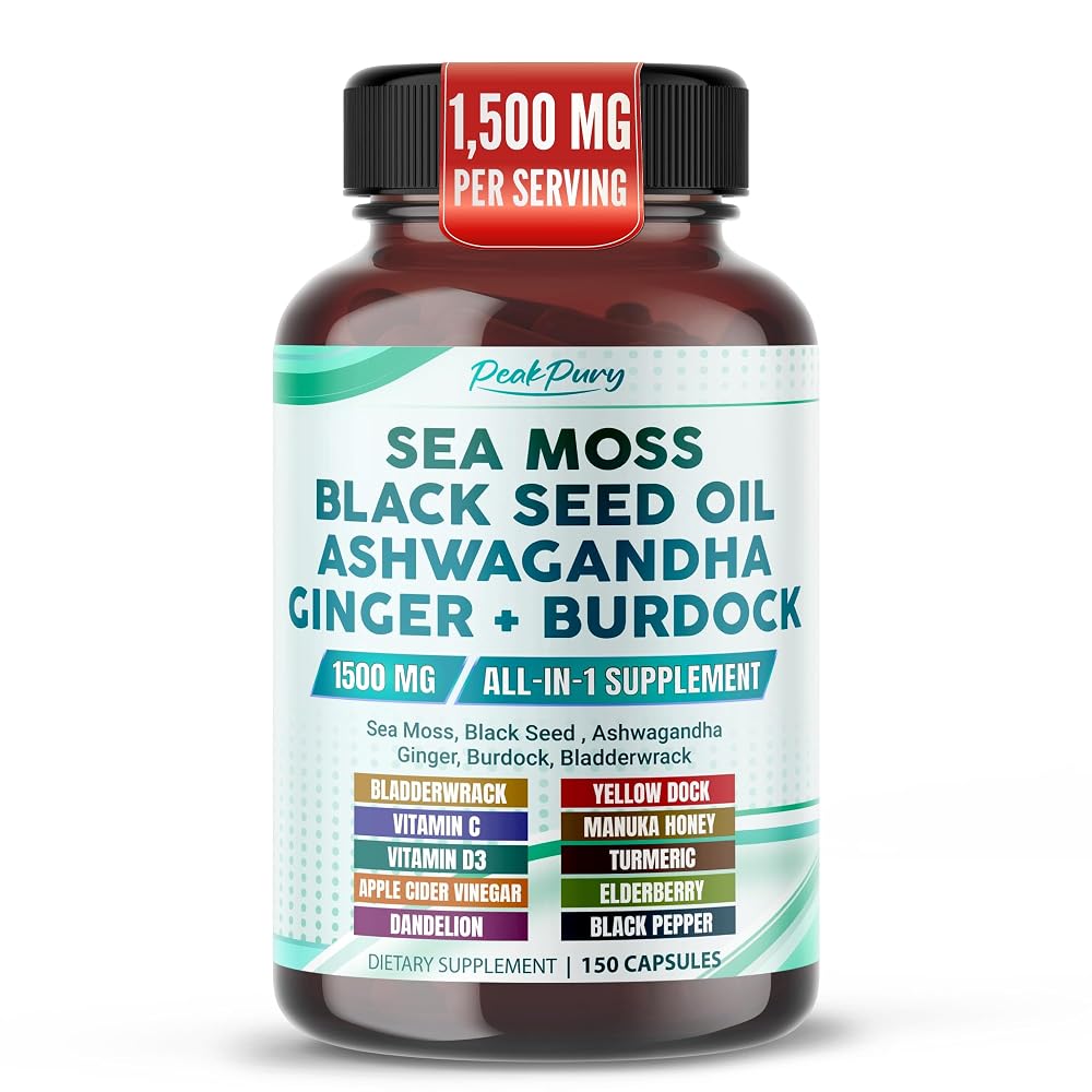 PeakPury Sea Moss 1500mg with Ashwagandha & Black Seed Oil - 150 Capsules