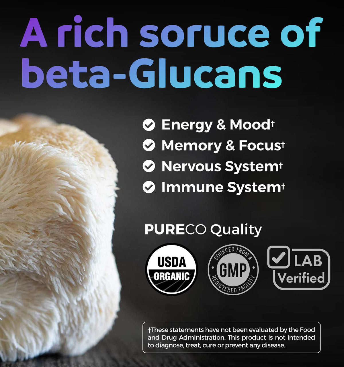 PURE CO Organic Lion's Mane Supplement - 1000mg 10:1 Extract - 60 Capsules - image 3