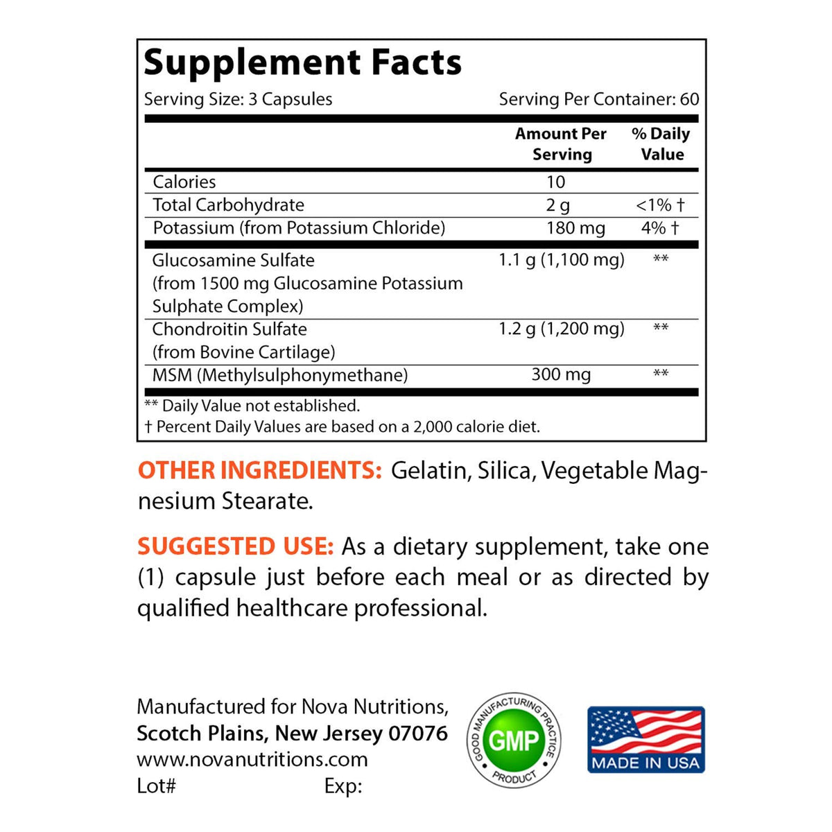 Nova Nutritions Triple Strength Glucosamine Chondroitin MSM - 180 Capsules - image 2