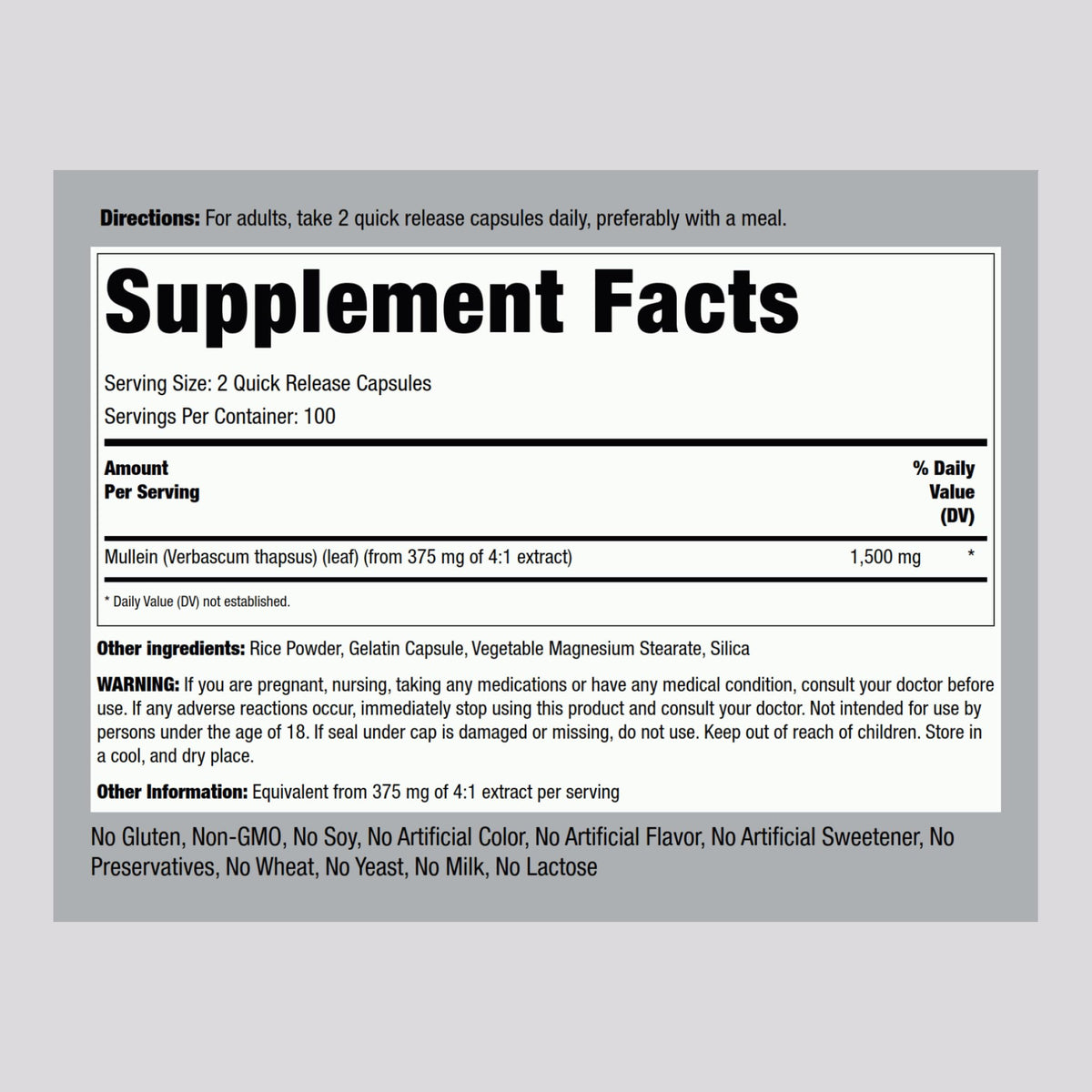 Piping Rock Mullein Leaf Extract - 200 Capsules - image 2