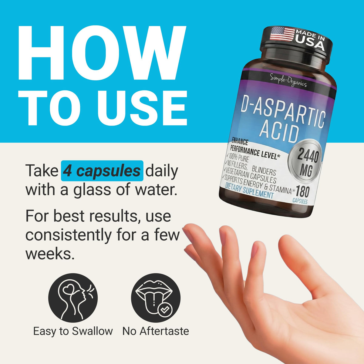 Simple-Organics D-Aspartic Acid Testosterone Support for Men - 180 Capsules - image 7