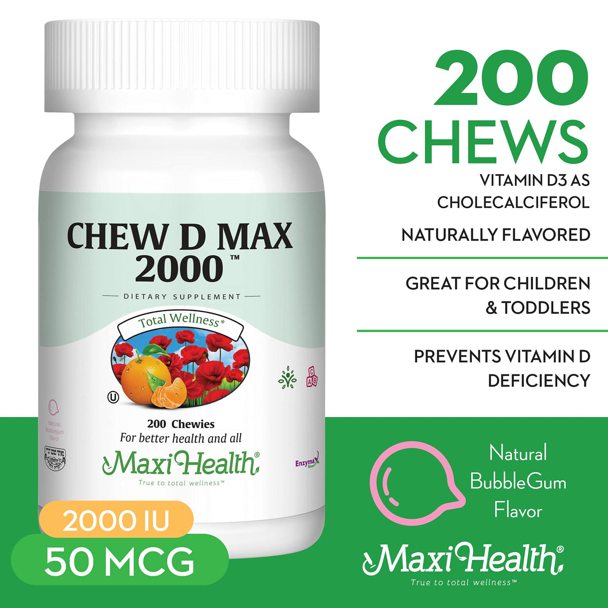 Maxi Health Vitamin D 2000 IU Chewable Bubble Gum - 200 Count - image 4