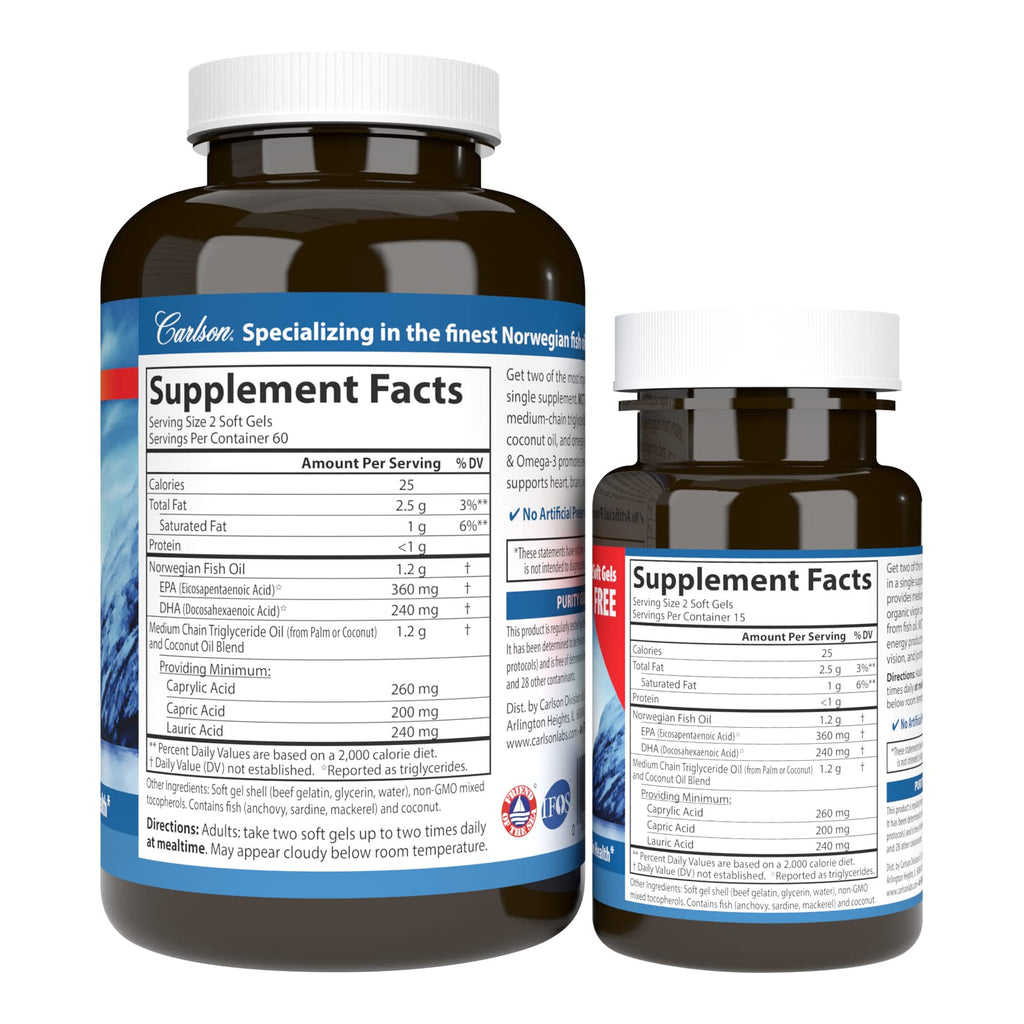 Carlson MCT & Omega-3 Keto-Friendly Softgels - 150 Count - image 2