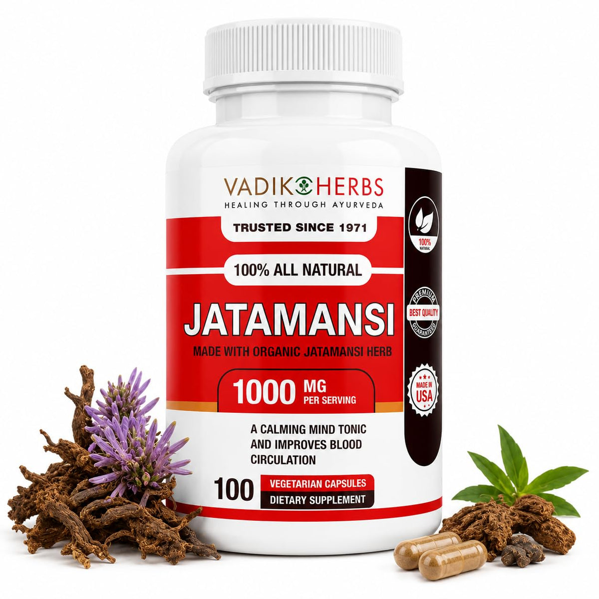 Vadik Herbs Jatamansi Capsules 1000mg for Sleep - 100 Vegetarian Capsules