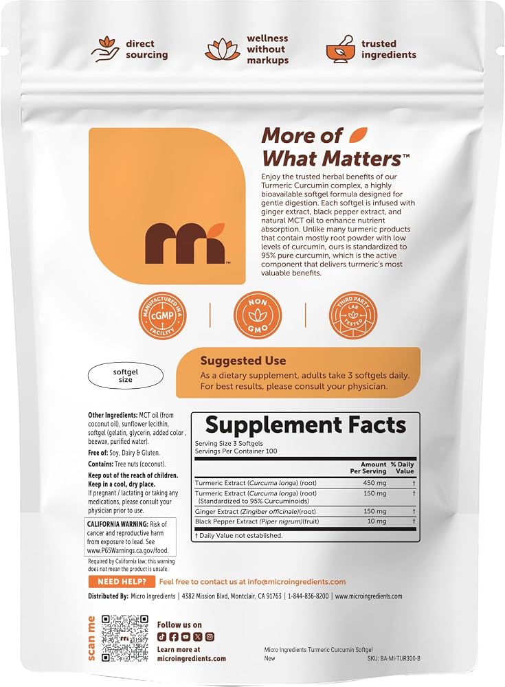 Micro Ingredients Turmeric Curcumin with Black Pepper & Ginger - 300 Softgels - image 7