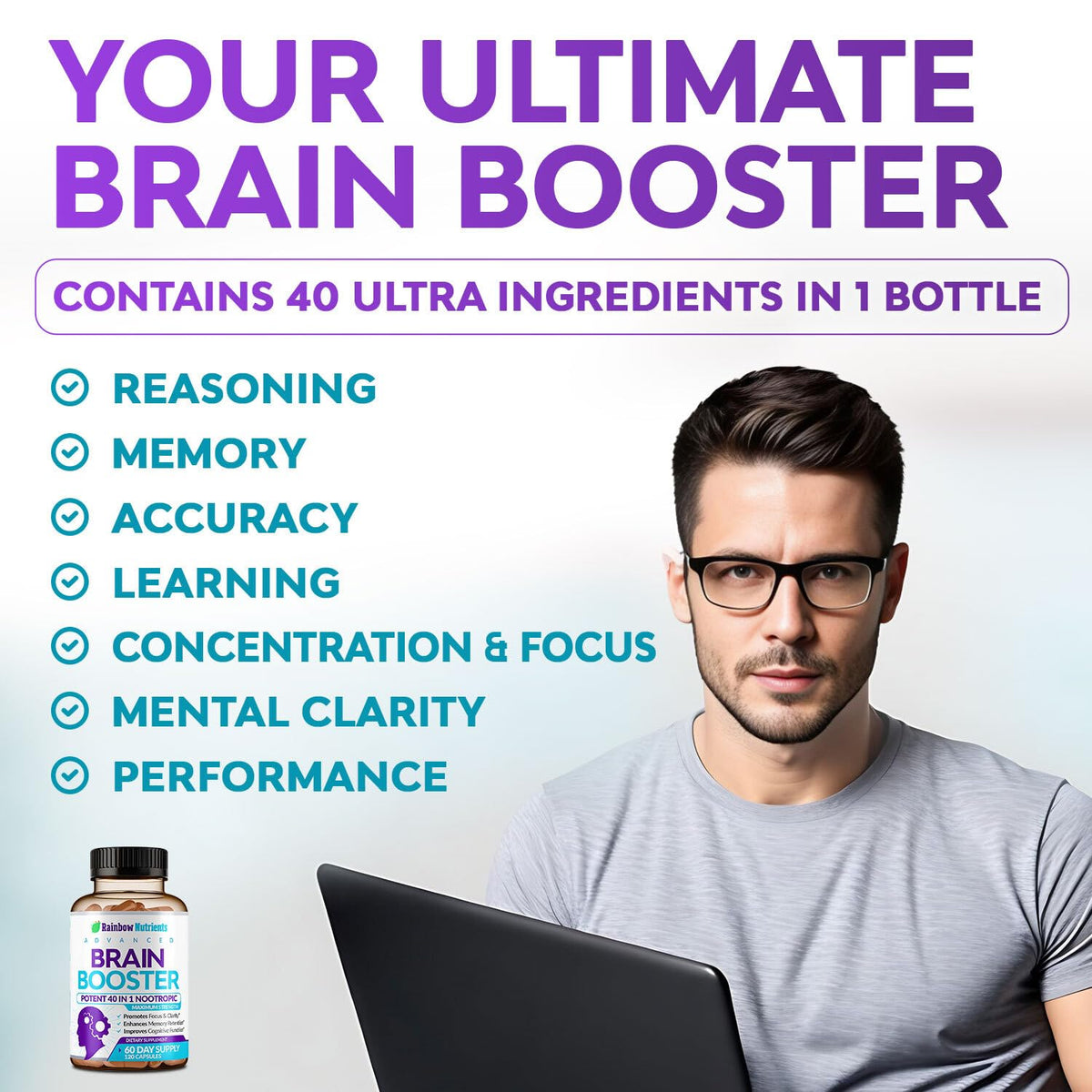 Rainbow Nutrients 40-in-1 Brain Booster Nootropic - 120 Capsules - image 2