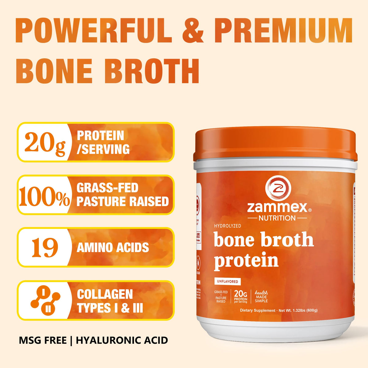 Zammex Beef Bone Broth Protein Powder Unflavored - 27 Servings - image 5
