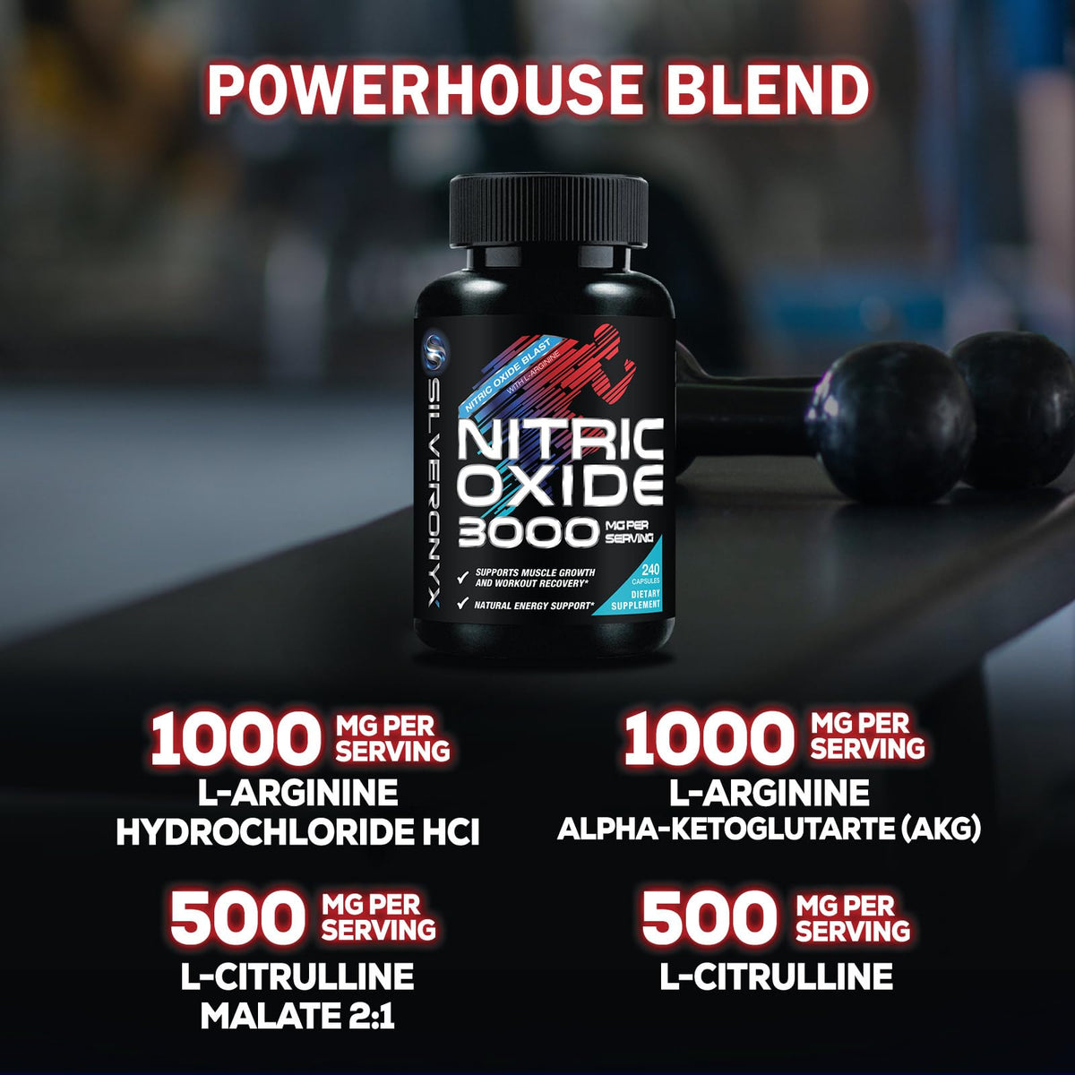 SILVERONYX Nitric Oxide Supplement 3000mg Blend - 240 Capsules - image 5