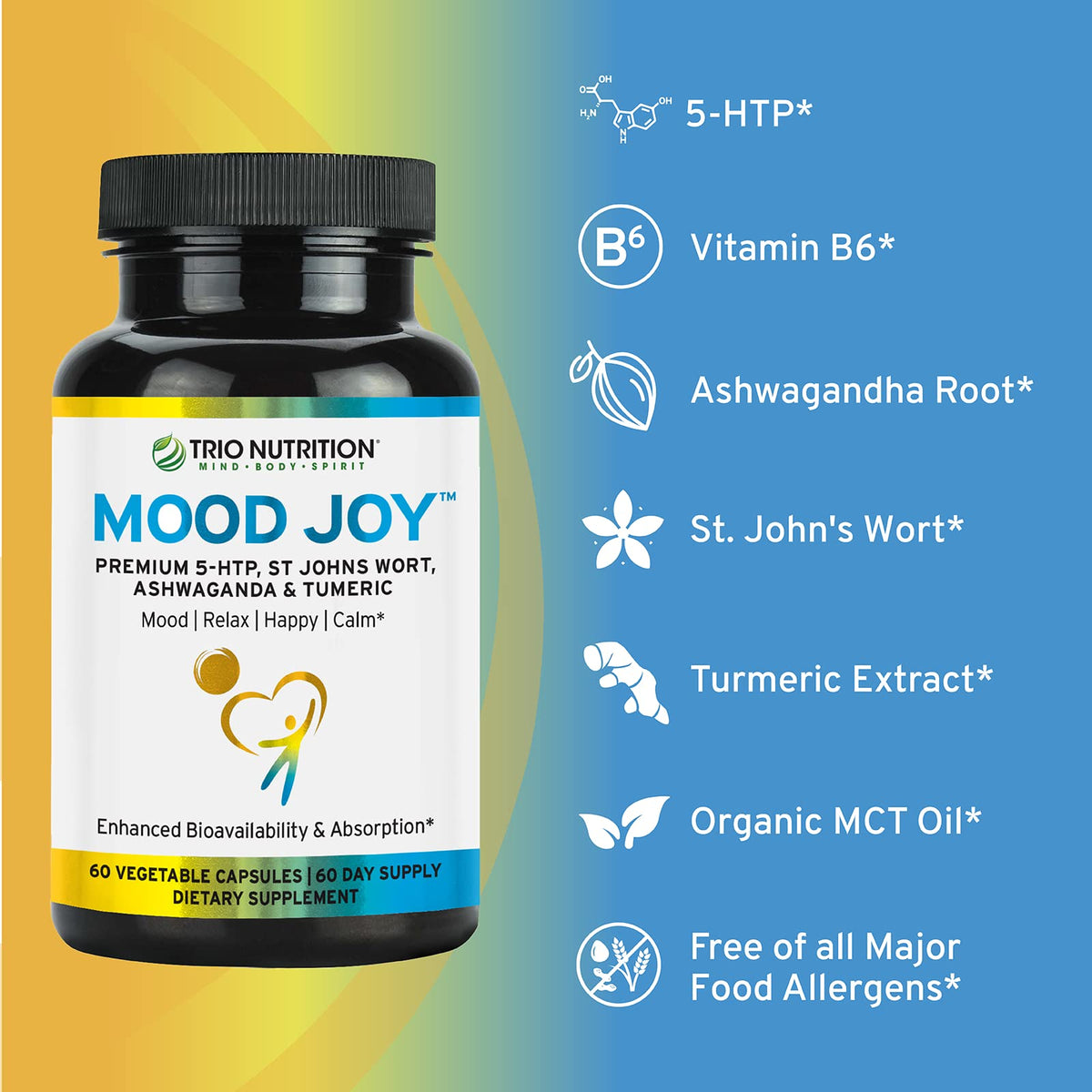 TRIO NUTRITION Mood Joy Turmeric & Ashwagandha with 5-HTP - 60 Capsules - image 5