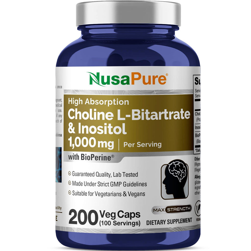NusaPure Choline L-Bitartrate & Inositol 1000mg - 200 Vegetarian Capsules