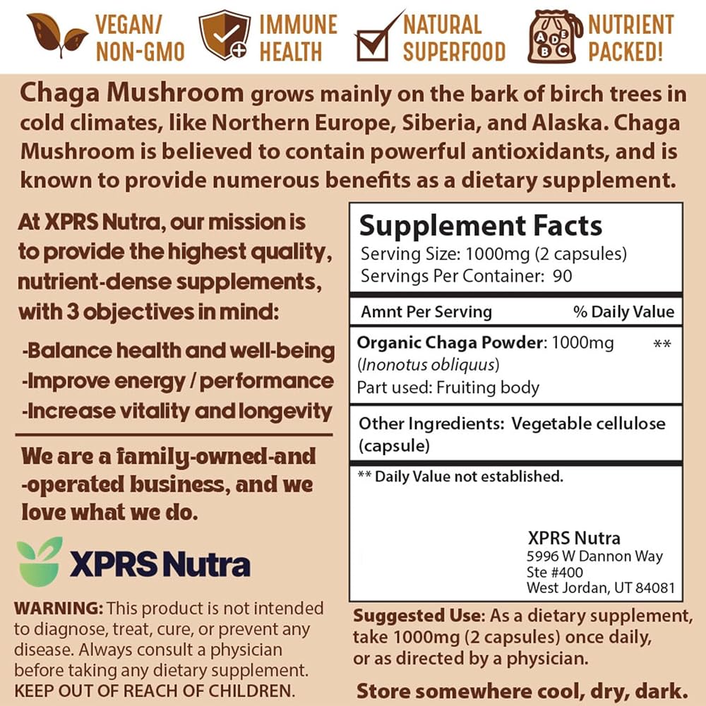 XPRS Nutra Chaga Mushroom Capsules Immunity Support - 180 Count - image 6