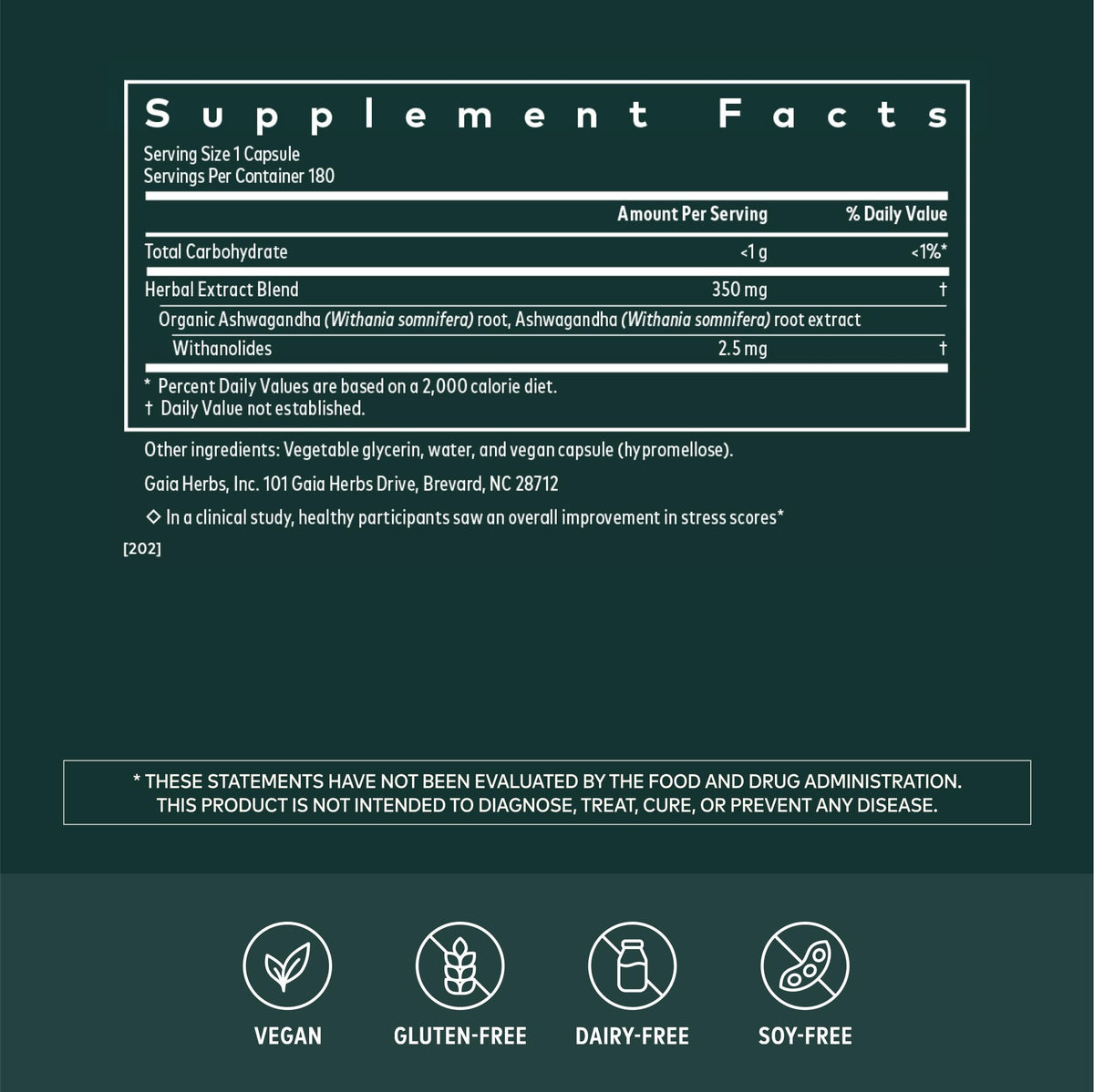 Gaia Herbs Ashwagandha Root 350 mg Stress Support - 180 Capsules - image 2