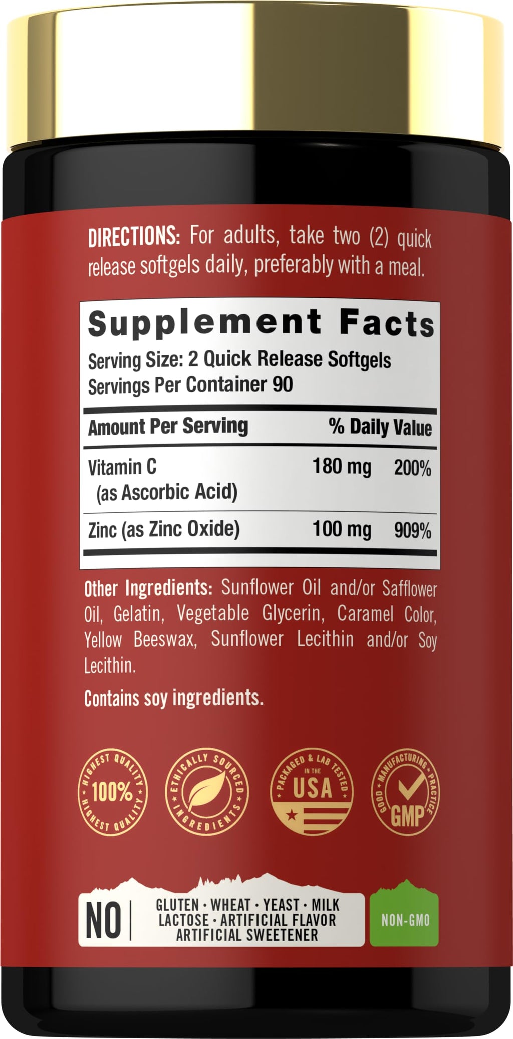 Carlyle Zinc Supplement 100mg with Vitamin C - 180 Softgels - image 2